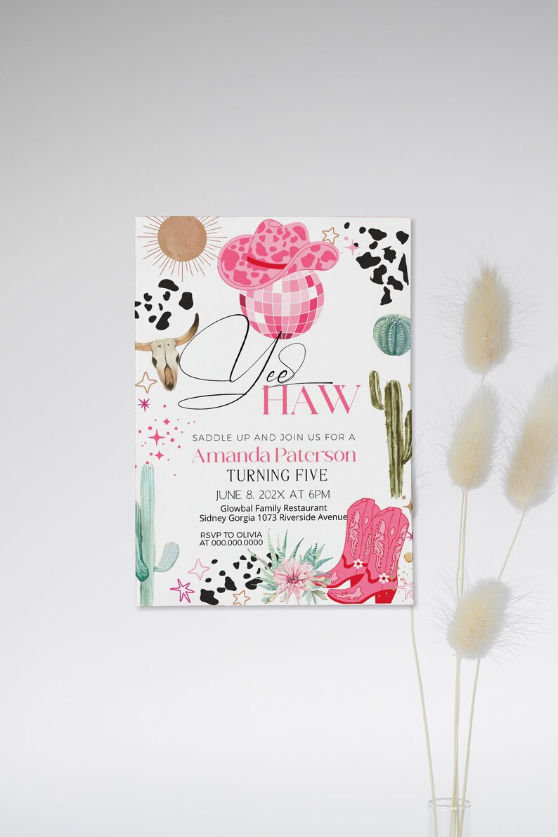 May include: A party invitation with a cowgirl theme. The design features a pink cowboy hat, disco ball, and boots. The text reads "Yee Haw" and includes event details for Amanda Paterson's fifth birthday.