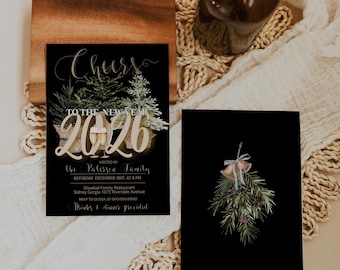 Cheers 2026 invitation template, editable new year party invitation, 2026 new years party invite, black gold NYE party invite, P28