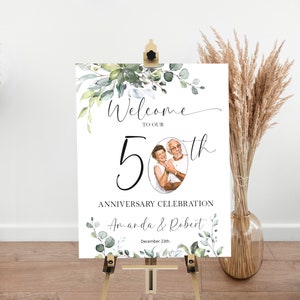 50th anniversary welcome sign template, editable greenery welcome sign, anniversary party poster, printable wedding anniversary board, P100