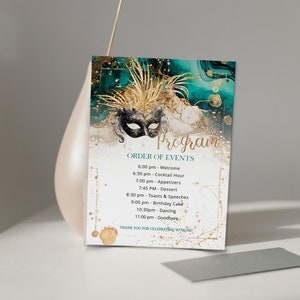 Green gold masquerade program cards template, editable masquerade program card, masked party program, printable masquerade party card, P56