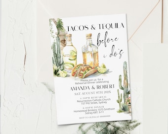 Könnte beinhalten: Eine weiße Einladungskarte mit dem Text "TACOS & TEQUILA before i do's". Die Karte zeigt Aquarellillustrationen von Tequilaflaschen, Tacos und Kakteen, perfekt für ein Probeessen. Die Namen Amanda & Robert sind enthalten.