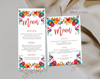 Fiesta menu card, editable mexican flowers party menu, mexican menu card, menu card,  printable menu card, wedding menu card template, P14