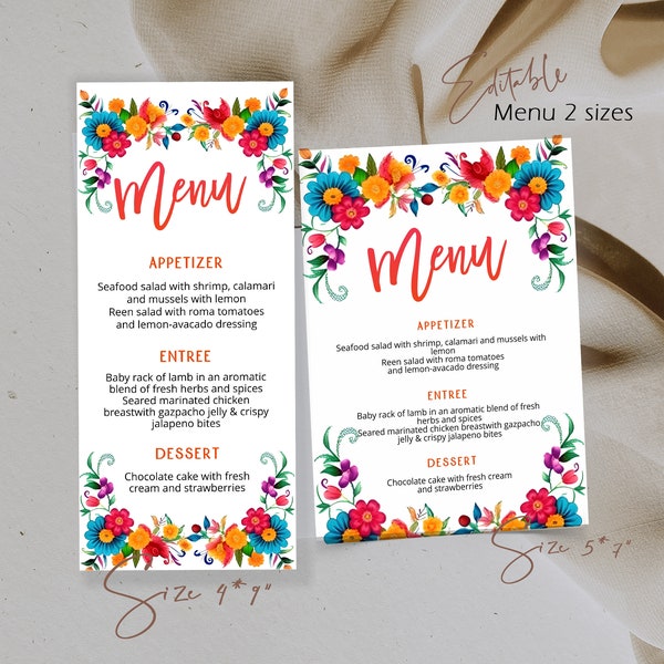 Fiesta menu card, editable mexican flowers party menu, mexican menu card, menu card,  printable menu card, wedding menu card template, P14