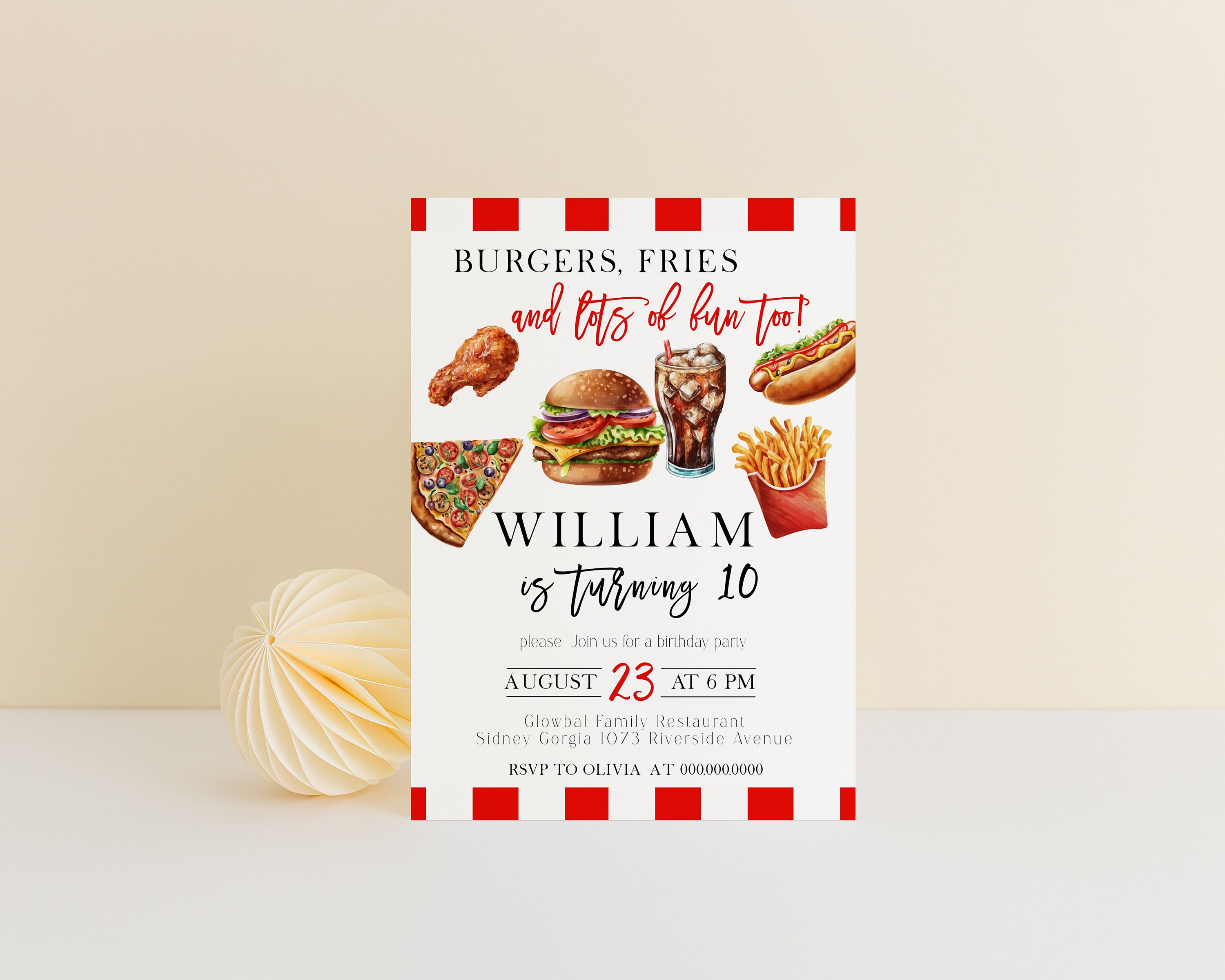 Fast Food Birthday Party Invitation, Snack Party Invite Template, 10th