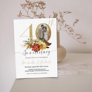 Photo 40th Anniversary Invitation Template, Floral Ruby Wedding Party Invite, Printable Editable, P165