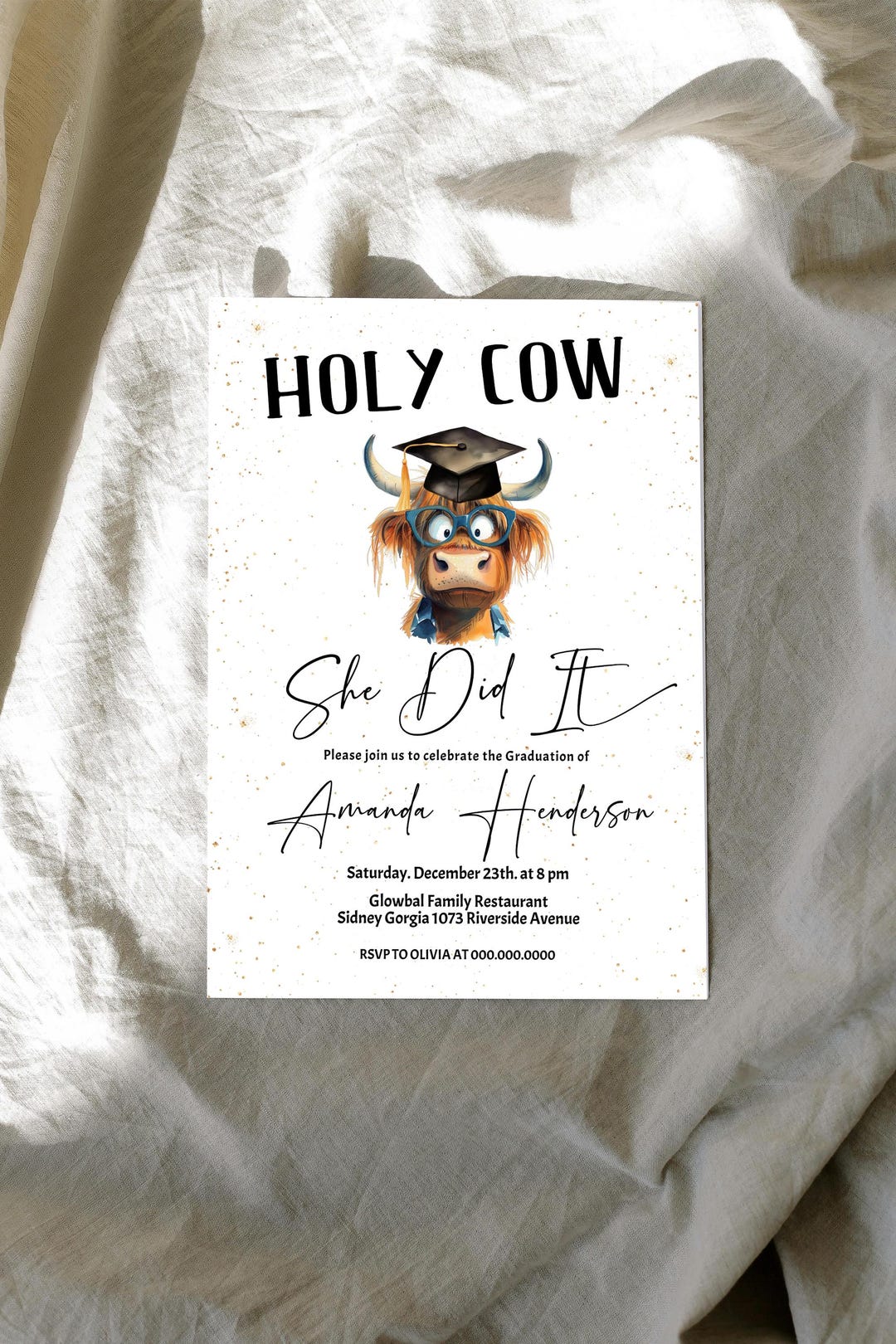 Holy Cow Funny Graduation Invitation, Grad Party Template, She Did It ...