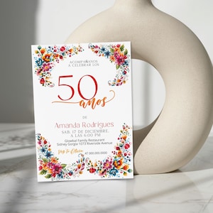 Invitación de 50 años, 50th birthday invite, any age, mexican fiesta invite, editable spanish birthday invite template, colorful floral P201