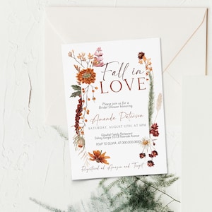 Fall bridal shower invitation, fall wildflowers bridal shower invitation, fall in love invite template, editable autumn bridal shower, P301