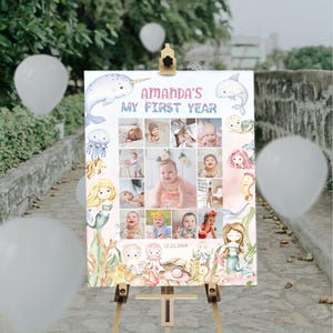 Oneder the sea 1st birthday photo collage, printable mermaid birthday decoration, under the sea poster, editable photo collage template P270