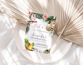 Puede incluir: Una invitación de fiesta de cumpleaños con temática tropical con la palabra "Aloha" en escritura roja. La invitación presenta ilustraciones de acuarela de un loro, piñas y follaje tropical. El texto dice "25 cumpleaños de Amanda".