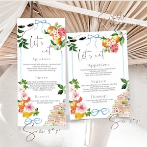 Italian dinner menu card, lemon menu card, editable menu card template, la dolce vita menu, citrus theme menu, Italian wedding menu, P294