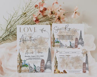Love is Adventure Bridal Shower Invitation and Recipe Card Set, Travel Theme Recipe Request, Editable Template, P129
