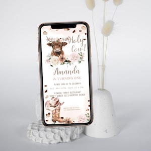 Holy cow im one birthday evite, cowgirl party, highland cow evite, girl first birthday digital invitation template, holy cow birthday, P264