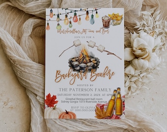 Backyard Bonfire Invitation Template, Printable S'mores Campfire Birthday Invite, Neighborhood Fall Party, S'more Bar, P142