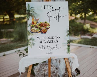 Lets Fiesta Birthday Welcome Sign Template, Any Age Tacos and Tequil Party, Editable Mexican Theme Poster, P268