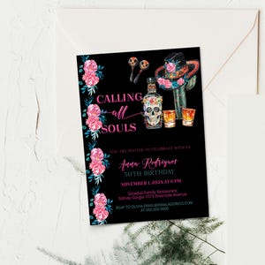 Fiesta birthday invitation template, Mexico halloween birthday party invite, calling all souls, dia de los muertos, sugar skull party, P287