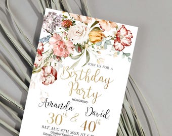 Floral Joint Birthday Invitation, Twins Birthday (Editable Template) P235