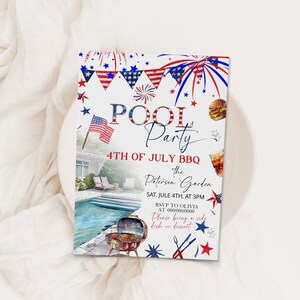 4th of july pool party invitation template, summer pool BBQ party, Independence day barbeque invitation, editable 4th july invite, P110