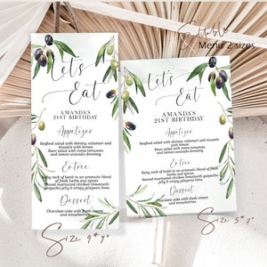 May include: Two white menu cards featuring olive branch designs and the text "Let's Eat" and "Amanda's 21st Birthday." The menu lists appetizer, entree, and dessert choices. The cards are labelled with sizes.