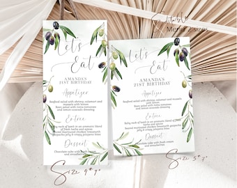 Olive branch menu card, editable greenery menu template, olive greenery menu, party menu, printable menu card, dinner menu, wedding menu P76