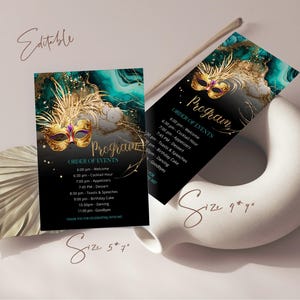 Green black gold masquerade program cards template, masked party program, editable masquerade program card, printable program cards, P56