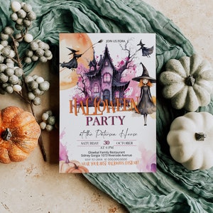 Halloween party invitation template, halloween costume party invite, halloween birthday invite, witch theme, editable halloween invite, P139