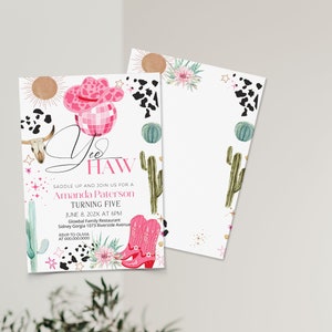 May include: A birthday party invitation with a cowgirl theme. The invitation features a pink cowboy hat, disco ball, and boots. The text reads "Yee Haw" and includes the name "Amanda Paterson" and event details. Decorative elements include cacti, stars, and cow print.