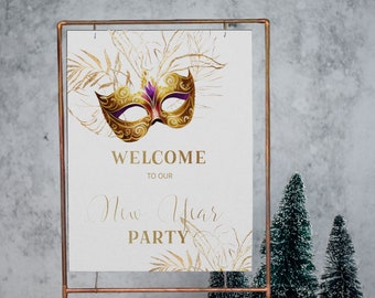 New year masquerade welcome sign, new year's party custom sign, printable masked ball party sign template, new year masquerade invite, P26