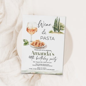 Wine & pasta birthday invitation template, editable birthday invite, wine party, cooking invite, Italian theme, any age, pasta birthday P115