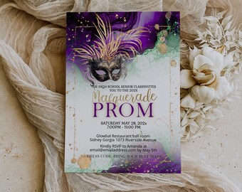 Masquerade prom party invitation template, masquerade ball, high school junior senior prom invites, school dance, prom send off invite, P56