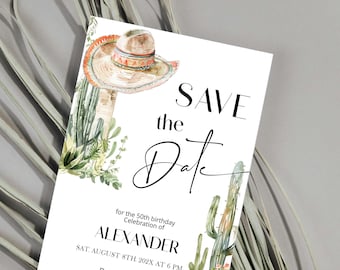 Fiesta save the date invitation template, editable 50th birthday save the date invite, mexican theme, wedding invite, cactus invite, P121