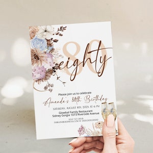 Boho 80th birthday invitation for women, editable 80 years boho floral birthday party invite template, adult birthday celebration invite, P3