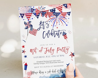 Editable 4th july invitation template, celebration 4th of july invite, red white and blue invitation, independence day party invitation P111
