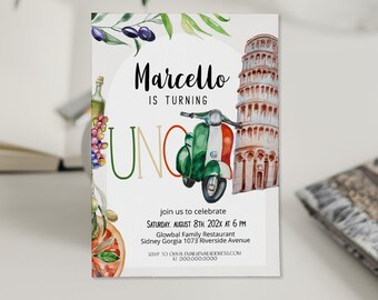 Pizza First Birthday Invitation, Uno Italian Theme Party Invite, Editable Corgl Template, Vespa Scooter, P78