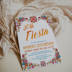 Fiesta 30th birthday invite template, fiesta party invite, colorful floral, printable mexican theme invite, editable birthday invite, P247