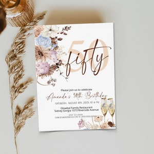 50th birthday invitation for women, 50 years boho floral birthday party invite template, editable adult birthday celebration invites, P3