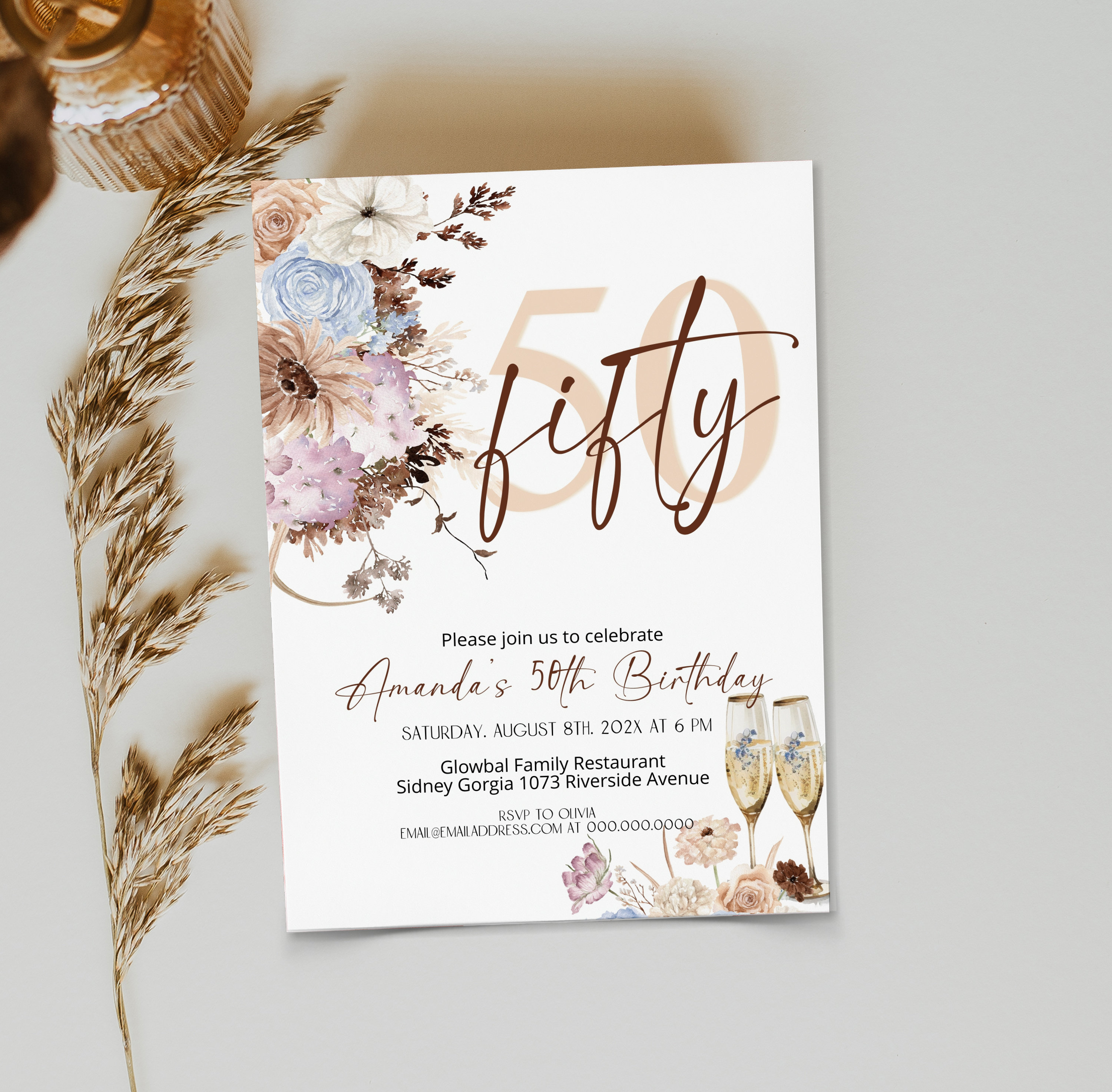 50th Birthday Invitation for Women, 50 Years Boho Floral Birthday
