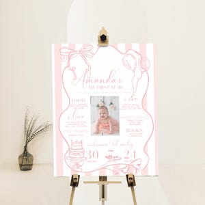 Pink bow first birthday milestone poster, editable girl milestone sign template, whimsical ribbon, hand drawn birthday party decoration P218