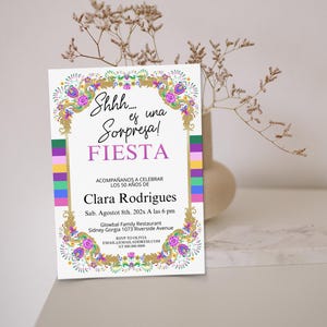 Fiesta sorpresa cumpleaños, spanish birthday invite,  mexican fiesta, colourful flower invite, editable birthday party invite template, P168