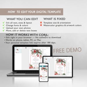 May include: A digital template instruction graphic featuring text that reads HOW TO EDIT YOUR DIGITAL TEMPLATE, WHAT YOU CAN EDIT, WHAT IS FIXED, HOW IT WORKS WITH CORJL, and FREE DEMO. A laptop, tablet, and smartphone display a Christmas menu design.