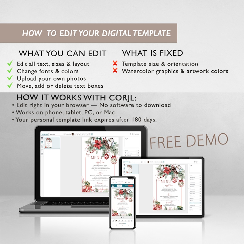 May include: A digital template instruction graphic featuring text that reads HOW TO EDIT YOUR DIGITAL TEMPLATE, WHAT YOU CAN EDIT, WHAT IS FIXED, HOW IT WORKS WITH CORJL, and FREE DEMO. A laptop, tablet, and smartphone display a Christmas menu design.