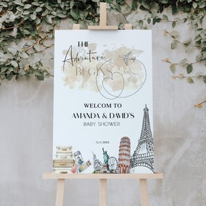 The adventure begins baby shower welcome sign, adventure baby shower template, editable travel welcome sign, world map baby shower, P129
