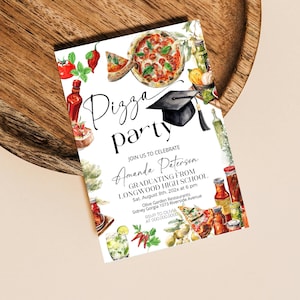May include: A white invitation with a watercolor illustration of pizza, graduation cap, and Italian food. The text reads "Pizza party" and "Join us to celebrate Amanda Paterson graduating from Longwood High School. Sat. August 8th, 202x at 6 pm. Olive Garden Restaurants, Sidney Gorgia 1073 Riverside Avenue. RSVP to Olivia at 000.000.0000."