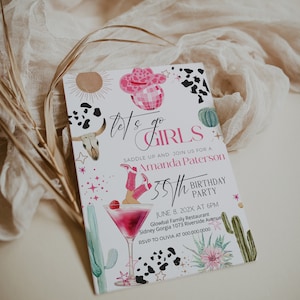 Let&#39;s go girls birthday invitation template, space cowgirl party, any age, disco cowgirl party invite, editable western birthday invite P112