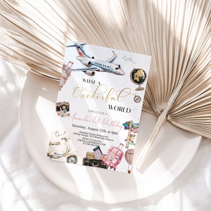 Onderful world first birthday travel invitation template, adventure invite, editable 1st birthday invite, travel party invitation, P126