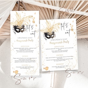 Masquerade menu card template, editable white gold masquerade menu card, masked party menu card, printable masquerade party menu, P56