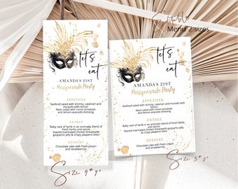 Masquerade menu card template, editable white gold masquerade menu card, masked party menu card, printable masquerade party menu, P56