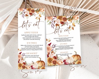 Thanksgiving menu template,  fall dinner menu, editable pumpkin menu, floral autumn menu, pumpkin party decoration, printable menu card P137