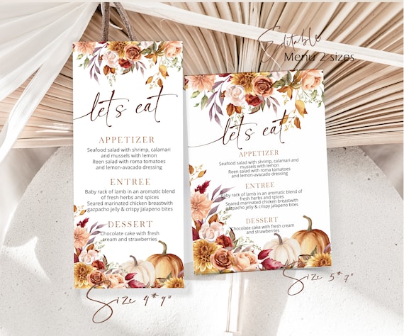 Thanksgiving menu template,  fall dinner menu, editable pumpkin menu, floral autumn menu, pumpkin party decoration, printable menu card P137
