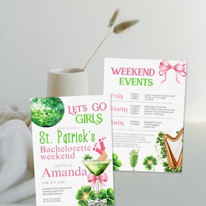 Puede incluir: Dos tarjetas de invitación para un fin de semana de despedida de soltera del Día de San Patricio. Las tarjetas presentan acentos verdes y rosas, tréboles y una ilustración de copa de martini. El texto dice "Let's Go Girls" y "Weekend Events".